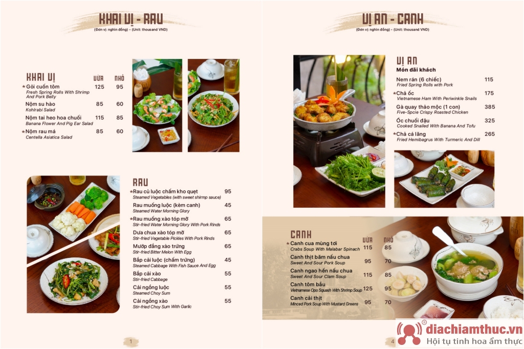 Menu khai vị-rau-canh ở Vị An