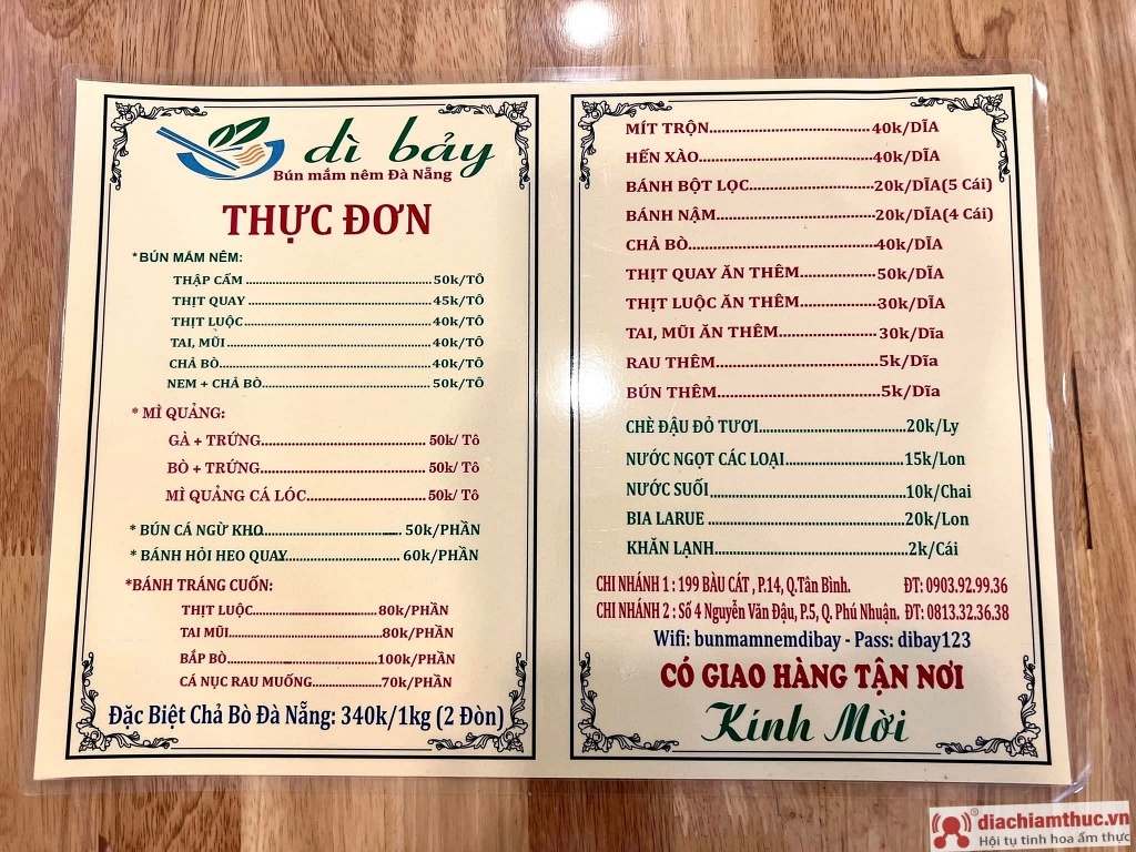 Quán Dì Bảy - menu