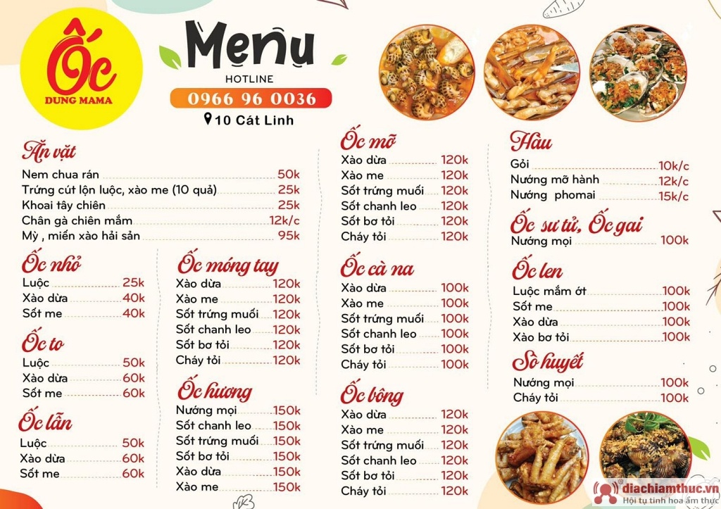 Menu Ốc Dung Mama