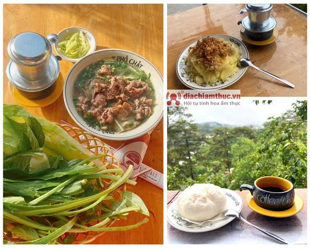 Menu quán Phở Chất đa dạng với các món như Phở bò, xôi xá xíu, xôi xéo, xôi thịt kho, bánh bao xá xíu...