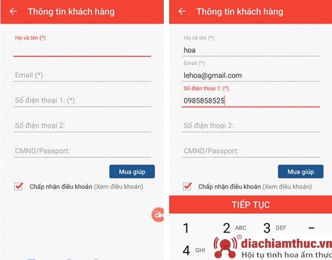 Điền thông tin liên hệ qua app đặt vé xe